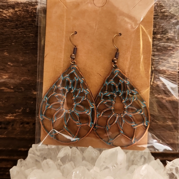 "New" Copper and Turquoise Colored Webbed Drop Earrings - Picture 2 of 4